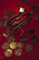 Coins and a bracelet made of Arabic silver that Vikings obtained through trade in what was formerly the Soviet Union, Russia