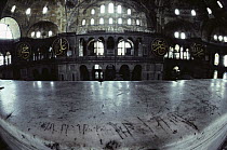Viking graffiti scars a balustrade in Hagia Sophia, a former church which is now a museum, Istanbul, Turkey