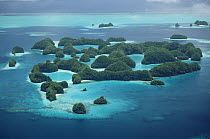 Aerial view of Rock Islands, limestone islands have been cut into mushroom-shaped formations, Palau