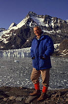 David Attenborough on location in South Georgia, for BBC televison series Life in the Freezer 1992