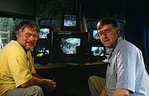 Bill Oddie and Peter Holden in outside broadcast van for Bird in the Nest series, 1994