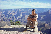 David Attenborough by Grand Canyon on location for BBC Life on Earth series, Arizona, USA, 1980s