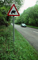 Toad (Bufo bufo) crossing warning sign, part of UK species protection, Scotland