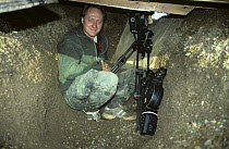 Ian McCarthy in hide used to film waders on the Wash in BBC television programme "Being There - Estuaries", 1996