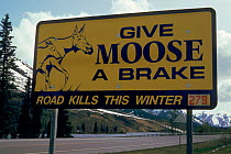 'Give Moose a Brake' road sign on outskirts of Anchorage, Alaska