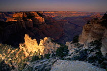 Sunlight hits Wotan's Throne, looking down over Grand Canyon NP, Arizona, USA