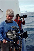 Hugh Miles filming from boat for 'Life in the Freezer', Antarctica