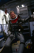 Martha Holmes in shark suit, filming for BBC television series 'Seatrek', 1991