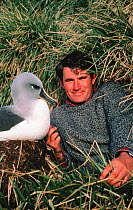 Alastair Fothergill and Grey headed albatross (Thalassarche chrysostoma) on location for BBC Life in the Freezer, 1993