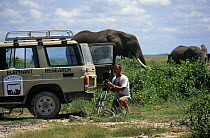Martyn Colbeck on location in Amboseli NP, filming Elephants for BBC television programme "Echo of the Elephants: The next Generation" filmed 1992-1995, Kenya