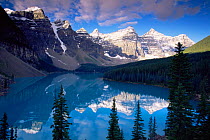 Rocky Mountains reflections in Morraine lake, Banff NP, Alberta, Canada