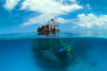 Diver at shipwreck, split-level image, Caribbean.
