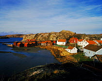 Old fishing village. St.Korno, Bohuslan, Sweden in April. Traditional housing.