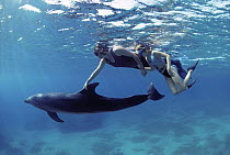 Bottlenose dolphin {Tursiops truncatus} swims with sick child and child therapist. Dolphin Reef, Red Sea, Eliat, Israel Model released.