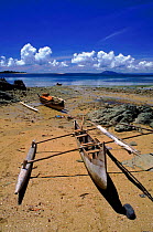 Outrigger canoes on beach, Nosy Komba, Madagascar