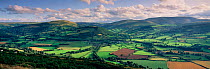 Patchwork of fields and hedges, looking across Usk Valley to Brecon Beacons, Powys, Wales.