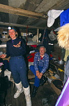 Producer Martha Holmes and cameraman Martin Saunders inside Texas Bar hut, Svalbard, Norway, on location for Polar Bear film special, 1996