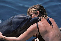 Woman trainer hugs Bottlenose dolphin (Tursiops truncatus) Red Sea, Eilat, Israel Model released.