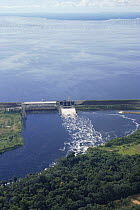 Aerial view of Balbina Hydroelectric dam near Manaus, Brazil. It flooded 2400 sq km of rainforest when the dam was opened in 1982.