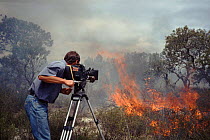 Richard Ganniclifft filming bush fire in Western Australia, on location for BBC series 'Private Life of Plants' 1993
