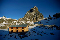 Mountain hut at dawn with Nelion Peak behind, Mount Kenya, Kenya (17,022 ft)