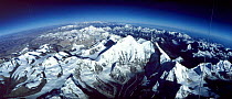 Aerial of Mt Everest from Tibet looking to Nepal. Kungchung face Himalayas. From hot air balloon