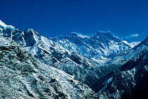 Distant view of Everest showing behind south face of Lhotse, Himalayas, Nepal