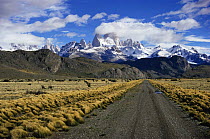 Entrance to Los Glaciares NP from Pampa, Fitzroy Range behind, Patagonia, Argentina