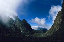 View from Moraine Hut onto Lac Gris, Ruwenzori Mountains, Mountains of the moon, Virunga NP, Democratic Republic of Congo (formerly Zaire)