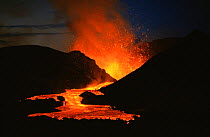 Lava fountain and subsequent flow from active Kimanura volcano, Virunga NP, Democratic Republic of Congo, formerly Zaire