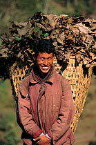 Peasant farmer carrying basket. Pele la Pass, Central Bhutan