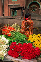 Girl selling flowers at Calcutta flower market, Calcutta, West Bengal, India