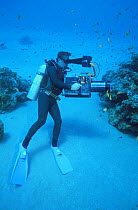 Peter Scoones filming underwater with Betacam SP in Gulf of Aqaba, 1994