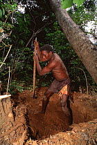 Man working in digging pit at gold mines, Andranotsimaty village, Madagascar. This mining encroaches on nearby last remaining Golden crowned sifaka population, an endemic endangered primate.
