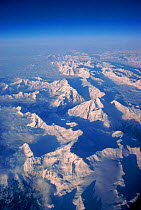 European Alps, aerial view in winter with snow on mountains