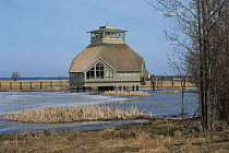 Visitor centre set on stilts in the marsh, edge of Lake Hornbarga, Sweden