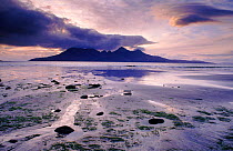 Isle of Rum seen from Laig Bay on Isle of Eigg, Argyll Scotland, UK
