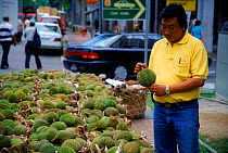 Man buying durian fruit {Durio zibethinus} Singapore