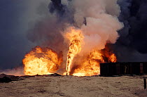 Burning oil well with water control from heat-shielding shed (post Guld war). Kuwait, Arabia