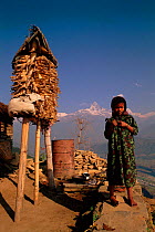 Nepalese girl with the Anapurna Mountains in background, near Pokhara, Nepal.