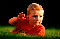 Ten month old male child (Homo sapiens) on grass. Brechin, Angus, Scotland, UK, Europe