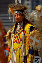 Native American man in traditional dress during pow wow, Wisconsin, USA