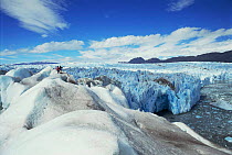 Film crew at glacial front of Piu XI glacier, Southern Chile, South America