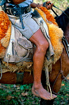 Vaqueiros / Cowboy barefoot on horseback, leg detail Pantanal, Mato Grosso Brazil.