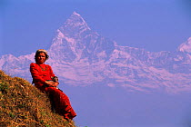 Local woman holding goat kid. Fishtail Mountain in b/ground. Himalayas, Sarangkot, Nepal Annapurna Range