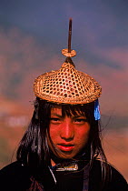 Laya woman from West Bhutan wearing head-dress Bhutan. Population approximately 800