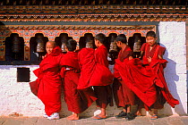 Monks turning prayerwheels. Punakha festival, Bhutan
