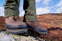 Close-up of walking boots, moorland in Scotland, UK