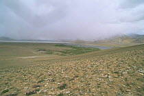 Tibetan Plateau landscape, with rain clouds encompassing the valley. Ladakh, NE India