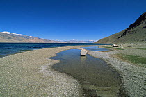 Overflow pools next to lake in mountains, Ladakh, India